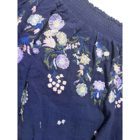 Free People Embroidered Off The Shoulder Blouse Navy Blue Floral Smocked Top S - Picture 6 of 10